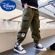 迪士尼（DISNEY）男童工裝褲春秋季2024新款兒童褲子秋冬加絨加厚寬松中大潮童褲子 軍綠色  春秋 8兜褲 150 建議身高140厘米左右