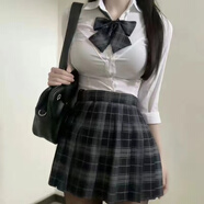 囝君佳jk制服收腰襯衫上衣短袖原創(chuàng  )正版學(xué)院風(fēng)修身顯瘦白色襯衣辣妹套裝 短袖抽腰襯衫+領(lǐng)結+碳灰JK格裙 L