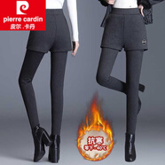 皮爾卡丹（pierre cardin）加絨加厚假兩件打底褲女冬外穿彈力短褲裙保暖高腰顯瘦小腳褲女裝 966灰色特厚羊羔絨(帶圖標) S (75-95)斤