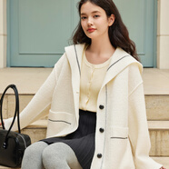 樂(lè )町甜美學(xué)院圈圈毛呢外套冬季新款寬松撞色線(xiàn)跡設計翻領(lǐng)大衣 雪白色(現貨) S