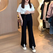 后媽褲女大碼高級垂感微喇叭褲春季新款胖mm高腰顯瘦闊腿褲寬松開 黑色【女褲2024新款/褲子寬松bf慵懶風/闊腿褲 2XL 建議136-154斤