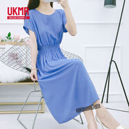 UKMR棉綢碎花連衣裙蝙蝠袖波西米亞中長(cháng)款海邊渡假沙灘碎花人造棉裙子 蝙蝠袖牛仔藍 XL 建議110-120斤