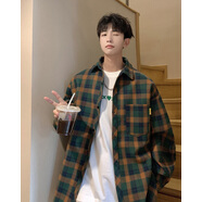 Shelley Jones港風(fēng)chic格子襯衫男生長(cháng)袖日系原宿風(fēng)復古潮牌寬松百搭襯衣送男友 C2160綠橘格 XL [建議125-145斤]