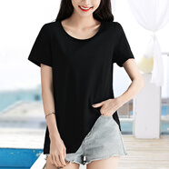 棲紀側開(kāi)叉半圓弧形下擺寬松短袖t恤女小圓領(lǐng)前后長(cháng)兩邊短的上衣薄款 黑色【824個(gè)性下擺圓領(lǐng)】 M(適合85~95斤)