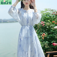 艾妃琳2025新款早春款氣質印花長袖連衣裙小個子春季新款女裝長裙超仙 藍色 【雙層防透】 M