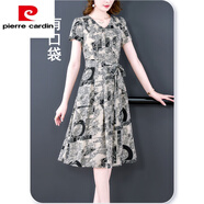 皮爾卡丹（pierre cardin）防真絲防桑蠶絲連衣裙女2025夏季新款中年洋氣質(zhì)碎花裙子 米白色 M 85-100斤