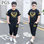 胖男童短袖T恤套裝胖男孩夏裝中大童寬松上衣加肥加大套頭半袖- 黑色老鷹短袖套裝 140碼穿60-75斤