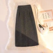 小個(gè)子秋冬季加絨加厚半身裙格子毛呢半身裙秋冬新款韓版高腰松緊加厚保暖開(kāi)叉包臀一步裙 小格子黑色_小格子黑色 L_建議105斤-120斤