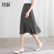歐莎（OSA）碎花半身裙女夏季中長(cháng)款荷葉邊a字雪紡裙小個(gè)子高級感顯瘦裙子 黑底印花 XS