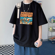 大魚界線日系潮牌短袖T恤男潮流ins情侶裝夏裝寬松上衣服男生印花圓領(lǐng)體恤 黑色(飛機(jī)) 2XL(145-160斤）