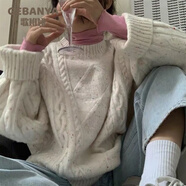 歌班婭麻花毛衣女秋冬韓版復古慵懶風寬松粗毛線日系加厚外穿套頭針織衫 圓 領(lǐng)款米白加厚柔軟面料/*不扎人 M:建議105-114斤
