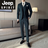 JEEP SPIRIT吉普西裝馬甲套裝男商務(wù)韓版修身馬夾雙排扣V領(lǐng)設計新郎伴郎西裝 墨綠色【西服+馬甲+西褲】 M