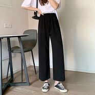 吻過 時(shí)尚新款女士休閑褲闊腿褲森女顯瘦春夏季褲子女森女寬松顯瘦學(xué)生九分褲直筒褲子女ins潮 黑色 無口袋 M 建議【90-105斤內(nèi)】