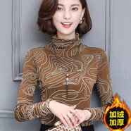 2019春裝韓版女高領加絨加厚網(wǎng)紗打底衫女長袖T恤保暖修身上衣服 斑馬線卡其色 XL（110-125斤）