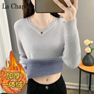 拉夏貝爾（La Chapelle）秋冬季加絨加厚毛衣女一體絨v領(lǐng)內搭打底針織衫修身大碼保暖上衣 純100自動(dòng)發(fā)熱灰色【加 厚一體絨】 純100自動(dòng)發(fā)熱L 建議(100-115斤)