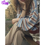 莜仙格慵懶風(fēng)條紋v領(lǐng)長(cháng)袖針織衫女春夏設計感小眾寬松打底衫t恤減齡上衣 藍條紋 S 建議 80-90斤