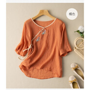 KAHTOP2025春夏新款棉麻寬松休閑襯衫女裝夏季復古襯衣文藝薄上衣XJD 唐裝盤(pán)扣 橘色 3XL 146-160斤