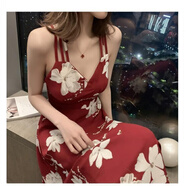 夏季新款韓版中長(cháng)款印花露背性感吊帶連衣裙女度假大擺沙灘裙 紅色 L 建議110-125斤