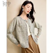 初申秋冬厚針織開(kāi)衫女圓領(lǐng)金絲花紗含馬海毛毛衣毛衫外套S144Z3002