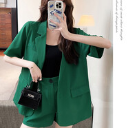 宜惜綺  小西裝女夏季短褲兩件套套裝2023新款顯瘦短袖西服女士職業(yè)夏裝 綠色 S