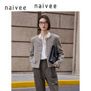 納薇（naivee）早春新款綿羊毛通勤優(yōu)雅寬肩小香風(fēng)無(wú)領(lǐng)箱型毛呢短外套女 棕灰 L 170/92A