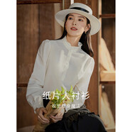 茵曼法式木耳邊提花女裝立領(lǐng)襯衫t恤洋氣顯瘦泡泡袖襯衣上衣 米白 L