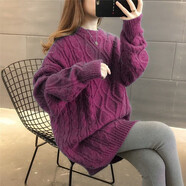 記述新款女裝中長(zhǎng)款寬松半高領(lǐng)加厚保暖毛衣女寬松慵懶風(fēng)撞色針織上衣 B款紫紅色 #M(建議85-95斤)