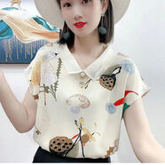瑞詩珂短袖女士新款夏季高檔娃娃領雪紡襯衫上衣女印花寬松減齡 杏色【優(yōu)質面料】 2XL 建議125-135斤