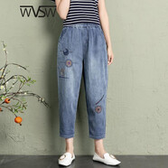 WVSW新款刺繡民族風牛仔褲子女高腰顯瘦哈倫夏季小個子復古寬松九分褲 圖片色6817 2XL 建議130-140