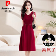 皮爾卡丹（pierre cardin）真絲連衣裙2024新款女夏季小個(gè)子時(shí)尚媽l媽洋氣女裝貴夫人裙子針 酒紅 XL