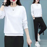 ZGWT輕奢高檔品牌休閑運動(dòng)套裝女春秋新款寬松秋冬加絨圓領(lǐng)衛衣兩件套 白衣黑褲套裝(春秋款) XL (120-135斤)