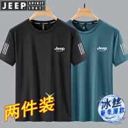 JEEP SPIRIT吉普短袖T恤男半袖上衣輕薄冰絲速干服夏季中青年 黑色+湖藍色 L (90斤-100斤)