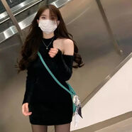 索宛亦2022秋冬連衣裙女暗黑系韓版辣妹毛衣短裙小個子設(shè)計(jì)感毛毛針織裙 黑色 S
