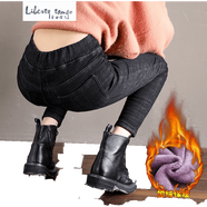 自由探戈2025秋冬牛仔褲女高腰松緊腰彈力修身200斤小腳長(cháng)褲新款加絨加厚 1688黑色(紫色絨) 32(2尺5)