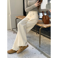 綴櫻加絨白色直筒牛仔褲女秋冬季磨毛抓絨韓版高腰寬松闊腿拖地長(cháng)褲子 【米色】闊腿牛仔褲 常規 XS