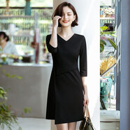 芭妃婭職業(yè)裝女裝套裝2025春夏新款時尚氣質(zhì)名媛連衣裙珠寶店工作服工裝 黑色七-分-袖袖連衣裙 XL