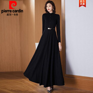 皮爾卡丹（pierre cardin）時尚秋冬長袖加絨加厚連衣裙女長款2023年新款秋季氣質(zhì)超長大擺裙 黑色【不加絨】 2XL 建議120-130斤
