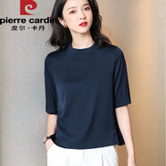皮爾卡丹杭州雪紡短袖t恤女夏季2025年新款三醋酸緞面半袖雪紡襯衫上衣 藏青 L