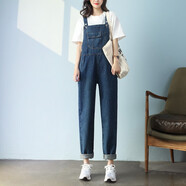 牛仔背帶褲女韓版寬松春裝2020款古著(zhù)蘿卜褲子春夏日系高腰老爹褲 深藍色 XL