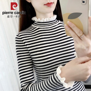 皮爾卡丹半高領毛衣女打底衫秋冬2025年新款荷葉邊內搭上衣修身條紋針織衫 白色 S