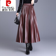 皮爾卡丹（pierre cardin）PU皮裙百褶裙長(cháng)款垂墜感大擺裙秋冬女2025新款彈力半身長(cháng)裙 安可拉紅 安可拉紅 均碼 適合88-145