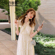 丹珠娜蕾絲連衣裙女裝2024春季新款碎花裙溫柔法式復(fù)古方領(lǐng)長裙子女早春 杏碎花9266 M