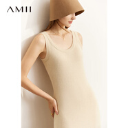 AMII年秋新款高領(lǐng)蝙蝠袖毛衣U領(lǐng)背心連衣裙套裝女時尚兩件套 淺黃色連衣裙 L