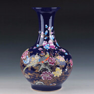loyo景德鎮(zhèn)落地陶瓷大號花瓶富貴竹新中式家居客廳酒店插花器裝飾擺件 祭藍(lán)蘭花錦雞大號賞瓶+旋轉(zhuǎn)底座