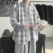 格子襯衫男港風(fēng)日系網(wǎng)紅情侶裝上衣韓版潮流帥氣寬松長(cháng)袖襯衣 藍色 M