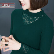 橫行道2024新款女裝半高領(lǐng)打底衫蕾絲鏤空上衣服純色T恤春季 墨綠 M