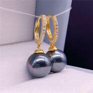 末言雨（MOYANYU）925銀鑲鉆耳圈人工合成珍珠耳環(huán)耳飾 時(shí)尚耳墜送媽媽 黑珠金托 8-9mm