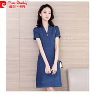 皮爾卡丹品牌 針女士牛仔連衣裙韓版牛仔裙包臀中長(cháng)款開(kāi)叉一步裙V領(lǐng)短 牛仔藍 L