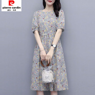 皮爾卡丹純棉布碎花連衣裙女2025夏新款收腰遮肚中長(zhǎng)款減齡休閑半袖薄裙子 米花色 XL 125-140