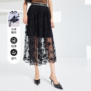 普普風（FGFEEL）2023秋季女裝新品高品立體蝴蝶提花蕾絲氣質(zhì)百褶裙半身裙20057 黑色 M